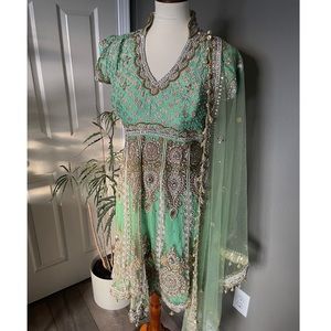 Mint green short anarkali with collar and open back